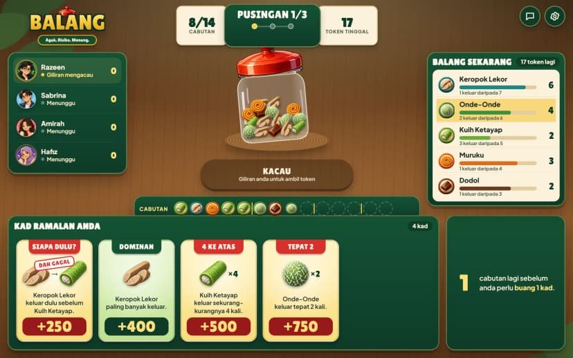 Balang game table with a jar of kuih tokens, player scores and prediction cards