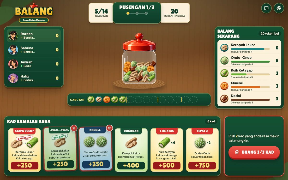 Mid-round screen asking the player to discard cards, with updated kuih counts and a draw tracker.