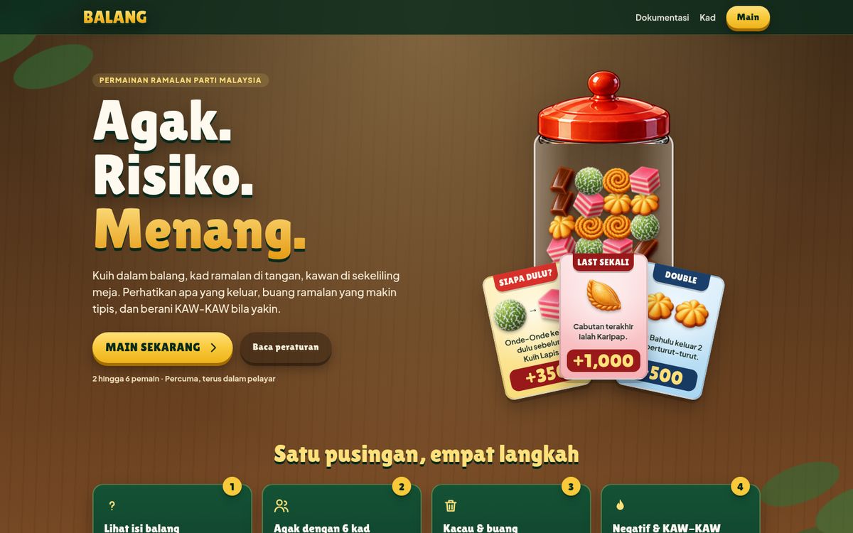 Balang landing page with the headline "Agak. Risiko. Menang.", a red-lidded jar of colourful kuih, three prediction cards and a "Main sekarang" (play now) button.