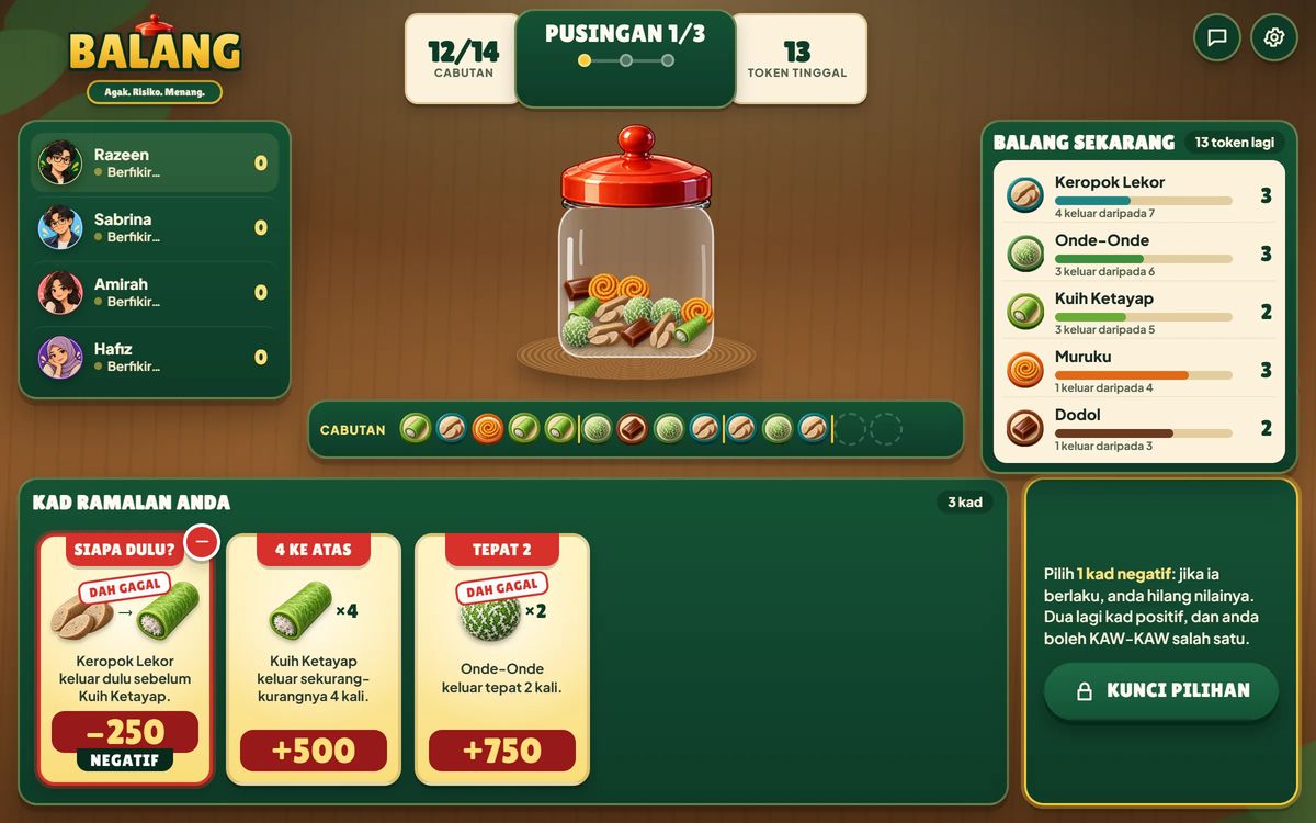 Screen prompting the player to choose one negative card from three remaining predictions.