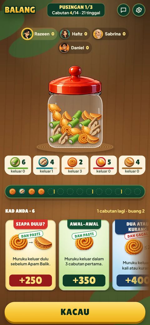 Phone view of Balang with player chips at the top, the jar in the middle, kuih counts and swipeable prediction cards above a "Kacau" (shake) button.
