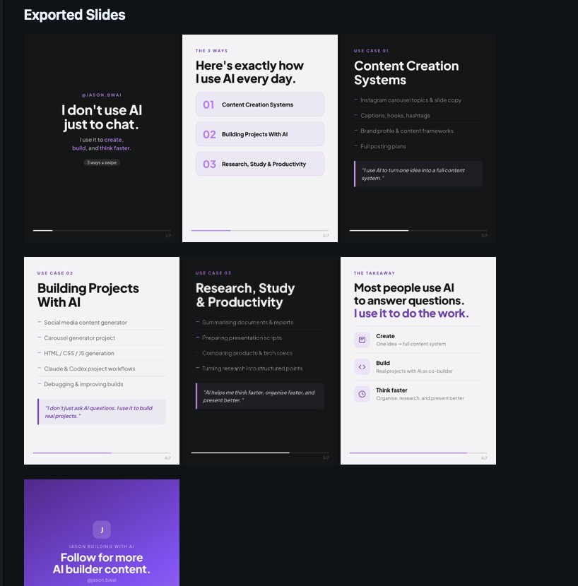 Grid of seven exported carousel slides for "The 3 Ways I Actually Use AI", alternating dark and light slides with purple accents.