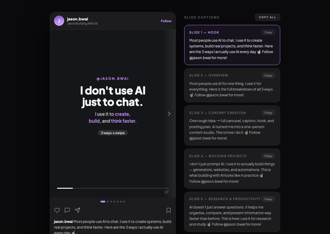 Carousel Content Engine HTML preview: a dark first slide reading "I don't use AI just to chat" next to a column of copyable slide captions.