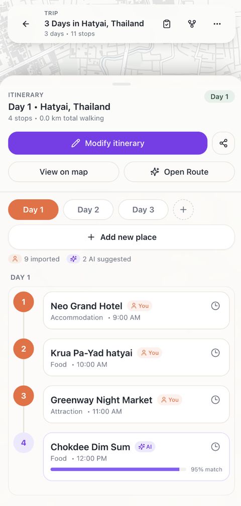 Day 1 itinerary for Hatyai with four numbered stops, three marked "You" and one marked "AI" with a match bar.