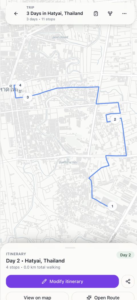 Map of Hatyai with a blue route connecting four numbered stops for Day 2.