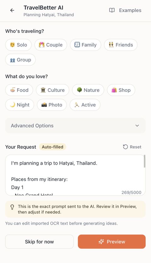 Preferences screen for a Hatyai trip with options for Solo, Couple, Family, Friends and Group, interest chips, and an auto-filled request box.