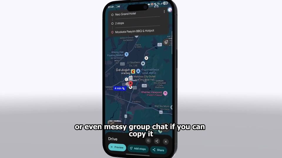 Phone showing a Google Maps driving route between Hatyai stops.